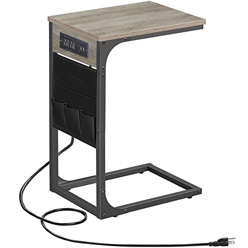 TUTOTAK C Shaped End Table with Charging Station, Side Table for Sofa | Couch Table with Storage Bag, TV Tray with 2 USB Ports and Outlets, Living Room and Bedroom, Greige TB01BG024 - color: Greige, size: 1 Pack (11.8"W), style: With Plug