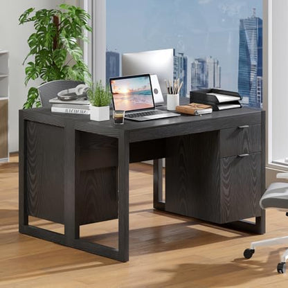 Tangkula Computer Desk with Storage Cabinet & Drawer, White Wooden Home Office Desk, PC Laptop Workstation Study Writing Desk with Smooth Surface, Ideal for Home Office (Black) - color: Black