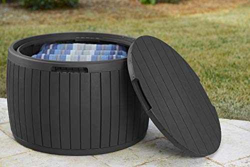 Keter Circa 37 Gallon Wood Panel Style Round Outdoor Deck Box and Storage Table, Grey - color: Grey