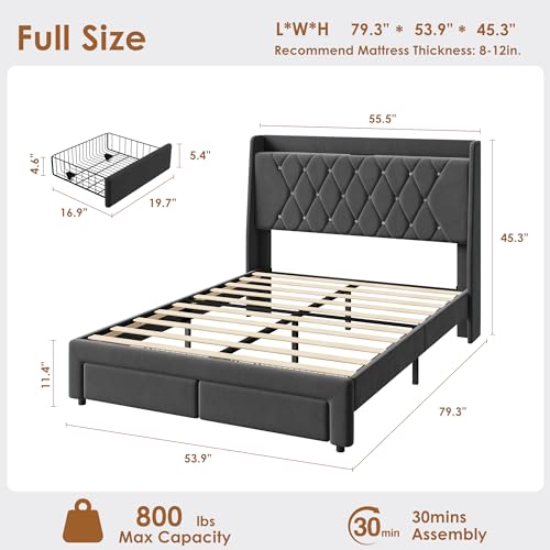 Garvee Full Size Bed Frame with Storage, Velvet Upholstered Platform Bed Frame with Crystal Tufted Headboard, Charging Station, 2 Drawers, No Box Spring Needed, Noise-Free,for Bedroom, Dark Gray | Velvet Upholstered Platform Bed Frame with Crystal Tufted