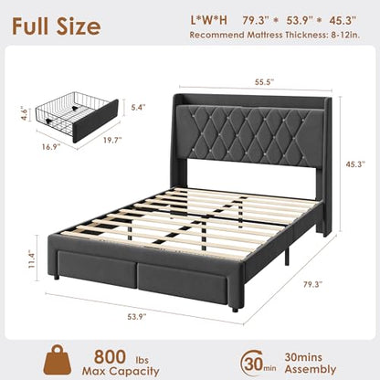 Garvee Full Size Bed Frame with Storage, Velvet Upholstered Platform Bed Frame with Crystal Tufted Headboard, Charging Station, 2 Drawers, No Box Spring Needed, Noise-Free,for Bedroom, Dark Gray | Velvet Upholstered Platform Bed Frame with Crystal Tufted