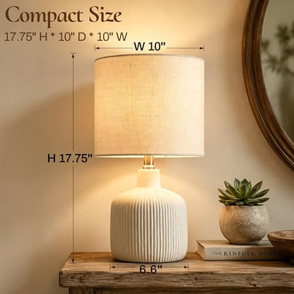 Ceramic Table Lamp, Off-White, 17.75" | Rustic Farmhouse, Beige Linen Shade, Warm Ambient Lighting, Bedside Nightstand - color: Off-White