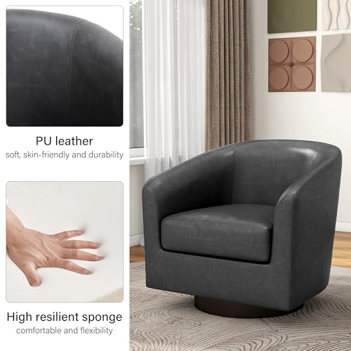 Swivel Barrel Accent Chair, Comfy Reading Armchair, Grey Black, Set of 1 | Club Chairs for Adults, Low-Back Design, Modern Round Style, Solid Wood Frame & Metal Swivel Base, For Living Room & Bedroom - color: Grey Black