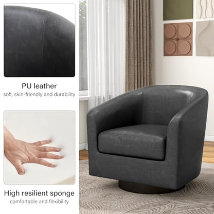 Swivel Barrel Accent Chair, Comfy Reading Armchair, Grey Black, Set of 1 | Club Chairs for Adults, Low-Back Design, Modern Round Style, Solid Wood Frame & Metal Swivel Base, For Living Room & Bedroom - color: Grey Black