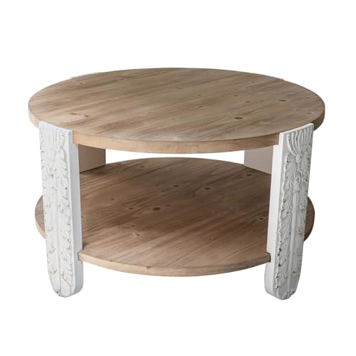 31.5" Round Coffee Table with Carved Leg, 2 Tier Storage Shelf | Farmhouse Solid Wood Center Table for Living Room, Circle Tea Table with Open Storage, Easy Assembly, Natural Brown Finish - color: A-31.5" Brown+white