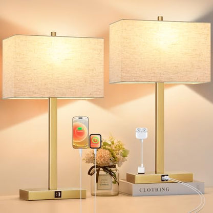 Lynnoland 21" Set of 2 Table lamp with USB A+C & AC Outlets, Touch Control 3-Way Dimmable Nightstand Lamps for Living Room Bedroom Office Reading, Linen Shade Touch Lamps, 3000K LED Bulbs Included - color: (2 Pack) Natural Linen & Brushed Gold (Base)-3000