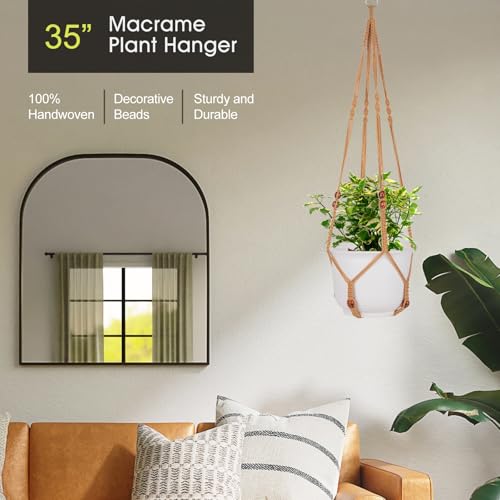 RIFNY Macrame Plant Hanger for 5 to 10 Inch Plant Pots, 35 Inch Woven Rope Hanger Kits with Hooks and Wood Beads, Hanging Planter Basket for Indoor Boho Home Decor (Brown, 3 Pack) | 35 Inch Hanging Planter with Hooks, Fits 5-10" Pots, Suitable for Ceiling