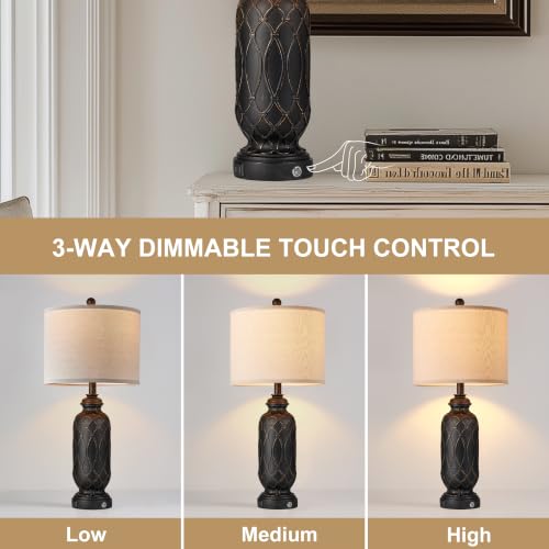 Black Farmhouse Lamps for Living Room Set of 2, 28" Bedroom Lamps Set of 2 with USB Ports, Dimmable Bedside Lamps Nightstand Lamps - color: 5.Black-Gold