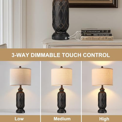 Black Farmhouse Lamps for Living Room Set of 2, 28" Bedroom Lamps Set of 2 with USB Ports, Dimmable Bedside Lamps Nightstand Lamps - color: 5.Black-Gold