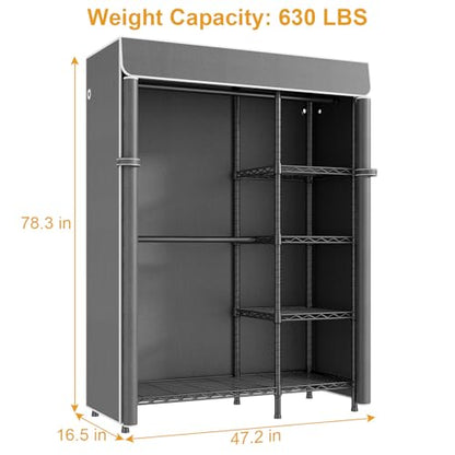 F2C Clothes Rack with Cover, Black Closet with Dark Gray Cover | Clothing Racks for Hanging Clothes, Heavy Duty Garment Rack with Shelves, 47.2"W x 16.5"D x 78.3"H, Load 630lbs - color: Black Closet with Dark Gray Cover