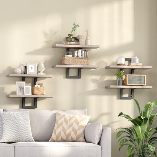 HOOBRO Floating Shelves, 15 Inch Wall Shelf Set of 3, Wall Mounted Storage Shelves 2-Tier, Hanging Bathroom Shelves, for Living Room, Bedroom, Bathroom, Kitchen, Greige and Black BG32BJP301 - color: Greige + Black