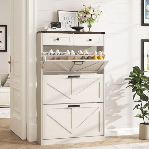 Halitaa Shoe Cabinet with 3 Flip Drawers & 2 Drawers,Freestanding Shoe Storage Cabinet for Entryway,Farmhouse Narrow Slim Organizer Rack for Foyer,Hallway,White - color: White, style: 3-Drawers