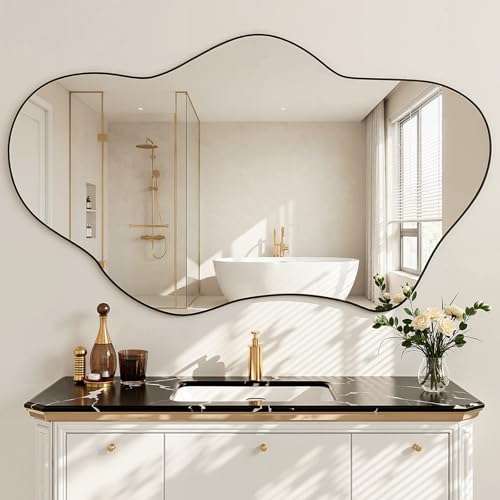 Irregular Wall Mirror, 28"x40" Wavy Cloud Bathroom Vanity Mirrors | Unique Asymmetrical Abstract Mirror with Tempered Glass for Bedroom, Living Room, Entryway, Hallway, Cloakroom - size: 40"L x 28"W