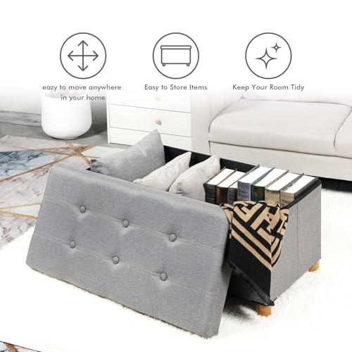 PINPLUS Ottoman with Storage Coffee Table, Grey Footrest-Stool Linen Chest with Tray, Large Storage Bench Foot Rest Ottoman for Bedroom End of Bed, Living Room, Hallway, 30"x 15"x 15" - color: Grey