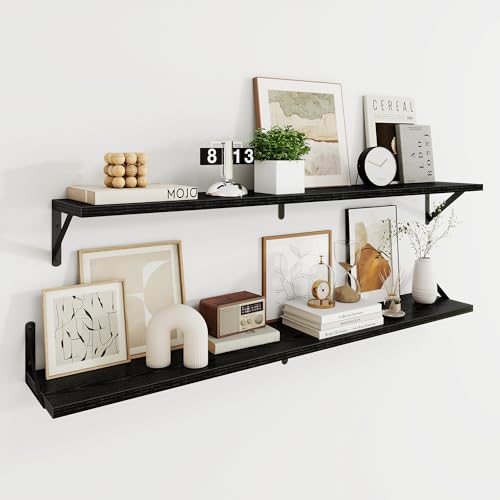 Dreamland Wall Mounted Floating Shelves Set of 2, 48x8, Black | Engineered Wood, Visible Bracket, Large Storage, Hold Up to 70lbs, Living Room, Bathroom, Bedroom, Kitchen - color: Black, size: 48"W x 8"D