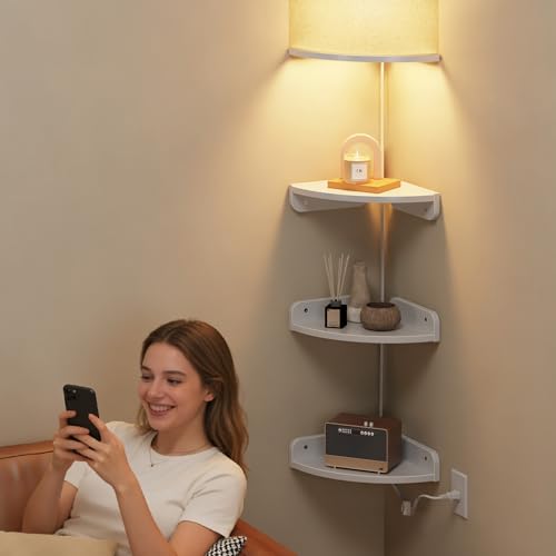 YAOHUOO Corner Shelf Wall Mounted with Light, Set of 3, White | Corner Floating Shelves, Cord Hole for Cable Box, Round End, For Bedroom, Living Room and Kitchen
