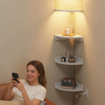 YAOHUOO Corner Shelf Wall Mounted with Light, Set of 3, White | Corner Floating Shelves, Cord Hole for Cable Box, Round End, For Bedroom, Living Room and Kitchen