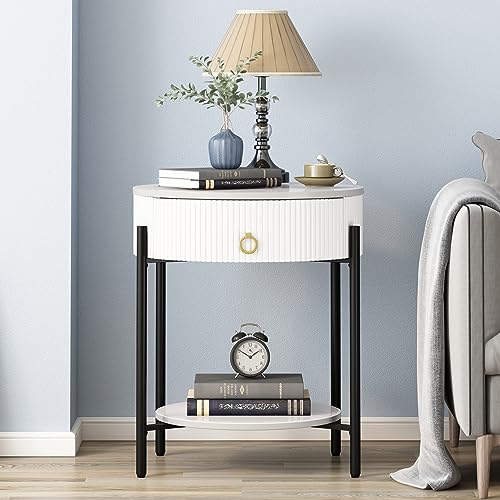 OIOG 2 Tier Nightstand, Bedside Table with Drawer, Sintered Stone/White | Round End Table, Modern Side Table, Drawer, Shelf, Metal Legs, Marbling Natural Stone, Living Room, Bedroom, Dorm, Office - color: White