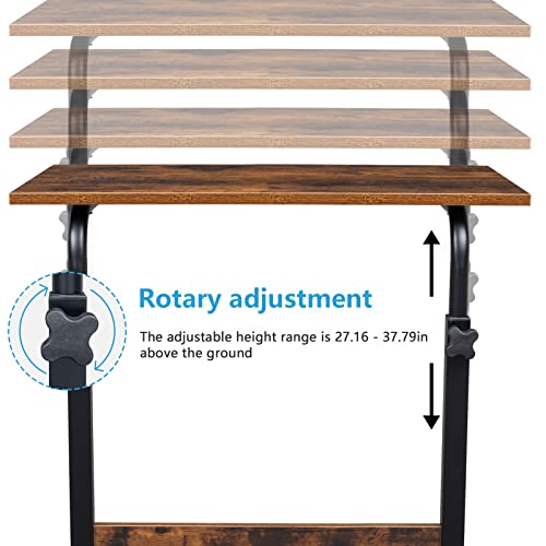 Sofa Side Table C Shaped End Table with Wheels, Rolling Bedside Laptop Table Snack Table TV Tray, Height Adjustable, Wooden Top & Metal Frame - color: Retro Brown, 23.6"