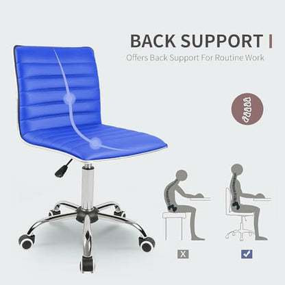 JUMMICO Armless Vanity Office Chair with Wheels, Small Cute Makeup Desk Chair Ribbed Leather Swivel Computer Task Chair (Blue) - color: Blue