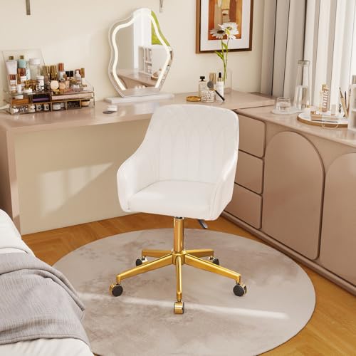 VECELO Modern PU Swivel Home Office Desk Chair with Back & Rolling Wheels, Adjustable Seat Height for Girls Women Bed Room Vanity Makeup/Task/Computer Work, White - color: White