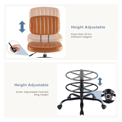 DUMOS Armless Drafting Chair, Standing Desk Chair, Rolling Stool | Ergonomic Low Back Office Seat, Height Adjustable with Footrest Ring, PU Leather, Swivel Wheels, Studio Lab Counter, Brown - color: Brown