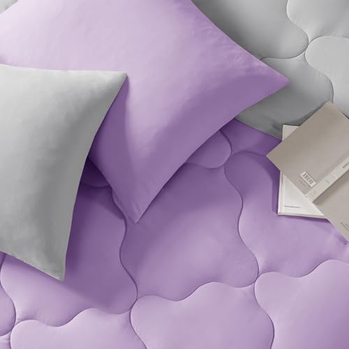 Comfort Spaces Vixie Reversible Comforter Set - Trendy Casual Geometric Quilted Cover, All Season Down Alternative Cozy Bedding, Matching Sham, Lavender/Gray, Full/Queen 3 piece | Down Alternative, All Season, Bedding for Bedroom, Geometric Pattern, Rever