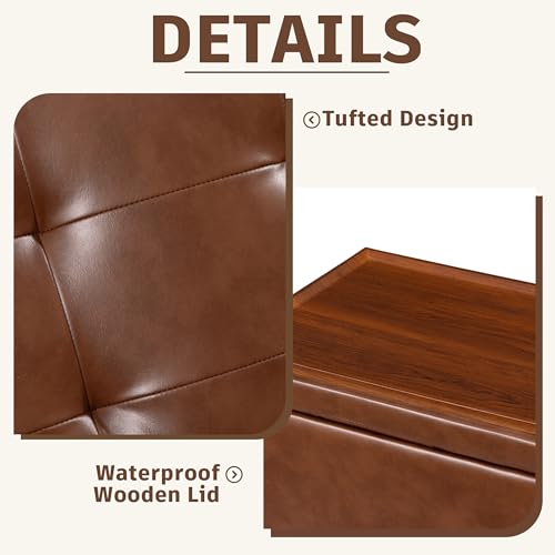 Homebeez Faux Leather Storage Ottoman with Wheels and Reversible Tray Top, 22” Tufted Rectangular Coffee Table with Hidden Storage, Nailhead Rolling Footrest for Living Room & Bedroom, Caramel Brown - color: Caramel Brown With Wheels