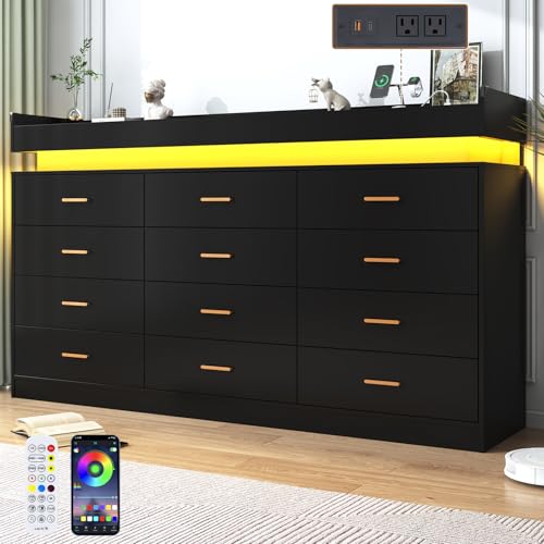 jiteentarou 12 Drawer Dresser with Charging Station and LED Lights, Modern Chest of Drawers with Power Outlet, Organizer Cabinet for Bedroom, Living Room, Entryway, Black - color: Black, size: 18.1"D x 70"W x 45.7"H (12 Drawers)