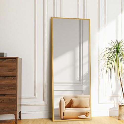 Full Length Floor Mirror 57"x17", Floor Standing with Aluminum Frame, Freestanding/Leaning/Wall Mount, Shatter-Resistant Glass for Bedroom, Living Room, Gold | Aluminum Alloy Frame, Freestanding, Leaning, Wall Mount, Shatter-Resistant Glass, No Assembly f
