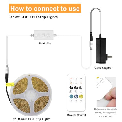 AXMOTUT White COB LED Strip Light, Dimmable 32.8ft/10m LED Light, 6000K Daylight White 3200 LEDs High Lumen LED Tape Lights CRI 90+ with RF Remote and UL Power for Bedroom,Kitchen,DIY Home Decoration - size: 6000K/32fT