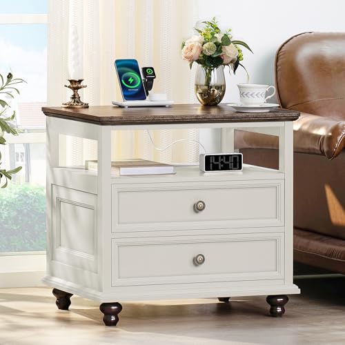 Joaxswe Farmhouse Nightstand with Charging Station, 24" Wide End Table with 2 Drawers,White Wood Dresser for Bedroom, Bed Side Table Chest of Drawers Cabinet,Night Stand for Living Room, Closet - color: Elegant White, size: 19.76"D x 24"W x 22.91"H (2 Dra