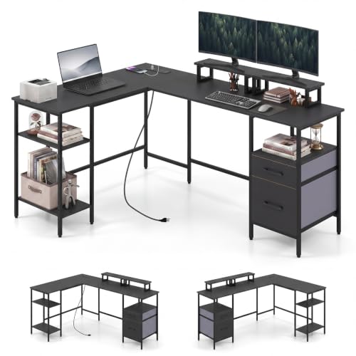 Tangkula 63" Reversible L Shaped Computer Desk w/Power Outlet & USB-C Port | Corner Gaming Desk w/Storage Drawers & Monitor Stand, Metal Frame, Study Writing Workstation for Home Office Study - color: Black