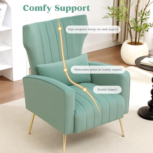 Accent Chairs Set of 2,Upholstered Living Room Chairs,High Back Arm Chairs with Metal Legs Lumbar Reading Chairs for Living Room,Bedroom, Apartment Lake Green - color: Lake Green, size: Set of 2