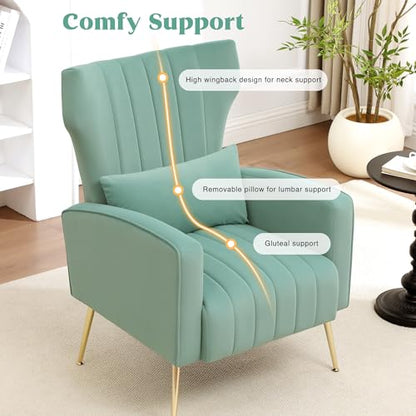 Accent Chairs Set of 2,Upholstered Living Room Chairs,High Back Arm Chairs with Metal Legs Lumbar Reading Chairs for Living Room,Bedroom, Apartment Lake Green - color: Lake Green, size: Set of 2