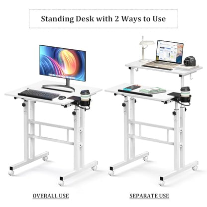 Enayplon Small Standing Desk with Wheels, Mobile Stand Up Desk, Portable Standing Table on Wheels for Walking Pad, Rolling Computer Desk Adjustable Height, Tall Table - color: White
