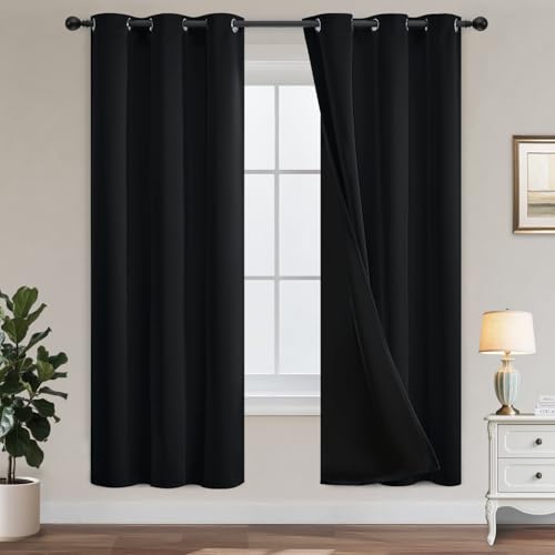 Yakamok Black Blackout Curtains 72 inches Long for Bedroom 38" Wide 2-Panel | Thermal Insulated Window Treatment Total Blocking Panels with Black Liner for Living Room/Dining Room/Kids Room Grommet Top - color: Black, size: 38"W x 72"L (Pack of 2)
