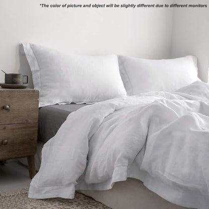 Simple&Opulence 100% Linen Duvet Cover Set with Embroidery Border Washed - 3 Pieces (1 Duvet Cover with 2 Pillow Shams) with Button Closure Soft Breathable Farmhouse - White, Full Size - color: White, size: Full