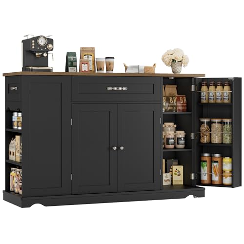 HOSTACK 47" W Kitchen Island Cart with Storage, Rolling Island Table, Black | Mobile Kitchen Storage Islands on Wheels with 2 Drawers, Adjustable Shelves, Movable Buffet Cabinet for Dining room - style: Black + Rustic Brown