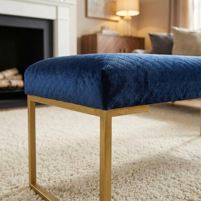 Cortesi Home Claymore Large Ottoman Bench with Painted Gold Legs, Blue Velvet, 48"
