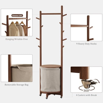 CycleCrew Solid Wood Coat Rack with Fabric Basket - Freestanding Coat Rack Rolling Coat Tree with 9 Hooks Wheels, Small Clothes Rack For Entryway Bedroom Hallway Living Room - color: Walnut Brown