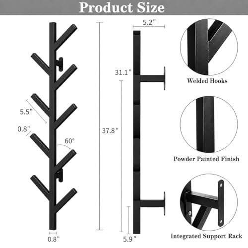 Vlush 2Pack Wall Mounted Coat Rack - 9 Hooks, Modern Metal Design, for Hats, Coats, and Bags - Suitable for Entryways and Bedrooms - Black (37.8" Height) - color: Black（2 Pack), size: 37.8"L