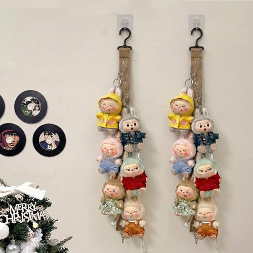 Plush Doll Hanging Storage Rope Display Rack with 8 Clips – Wall Hanging Organizer for Keychain Plushies, Mini Toys– Holds up to 3kg (Brown) - color: Brown