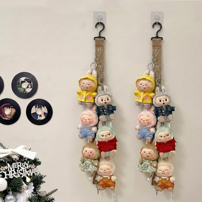 Plush Doll Hanging Storage Rope Display Rack with 8 Clips – Wall Hanging Organizer for Keychain Plushies, Mini Toys– Holds up to 3kg (Brown) - color: Brown