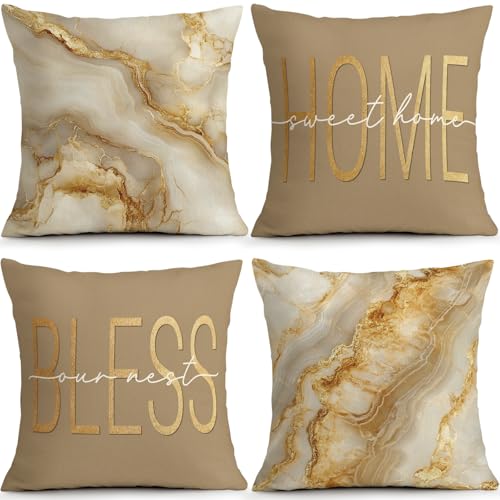 OBSEDE Gold Marble Home Bless Decorative Throw Pillow Covers 20x20 Set of 4 | Cozy Couch Cushion Cases, Abstract Farmhouse Style, Invisible Zipper, Single-Sided, Sofa Bed Living Room Housewarming Gift - color: Inspirational Beige Marble, size: 20" x 20" (
