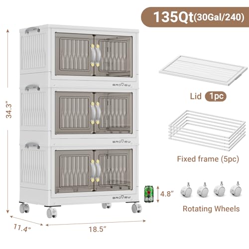 BROVIEW 135Qt Stackable Storage Bins with Lid for Home Dorm, 3Pack White | Closet Organizers, Foldable & Collapsible Cabinets, Large Containers, Wheels & Magnetic Doors, Plastic Drawers for School - color: White, size: 45QT-3Pack