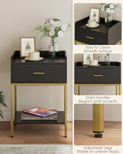 Masupu Nightstand,Bedside Table 3-Tier Modern Night Stand with Storage Drawer and Shelf,Small End Side Table for Bedroom,Living Room,Black (Without Outlet, Black) - color: Black