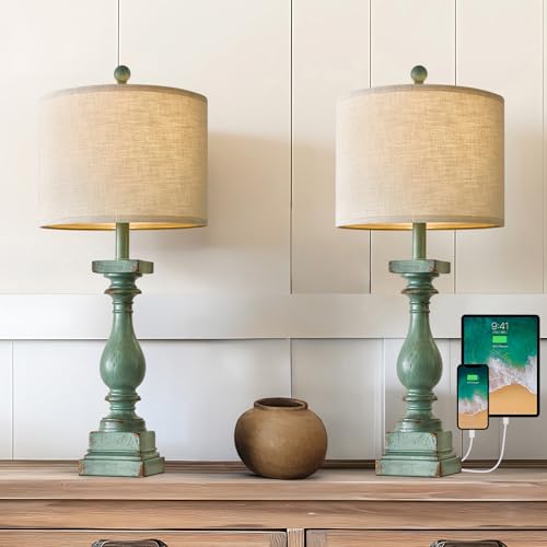 BOBOMOMO 27" Farmhouse Table Lamp Set of 2 with USB A+C for Bedroom Living Room Vintage Rustic Traditional Nightstand Bedside Lamps Retro Side Table Lamps (Green) - color: Green