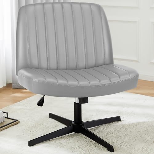 DUMOS Criss Cross Chair No Wheels, Wide Seat Cross Legged Office Desk Vanity Chair, Faux Leather Armless Height Adjustable Swivel Task Computer Chairs for Home, Study, Grey PU - color: Grey Pu