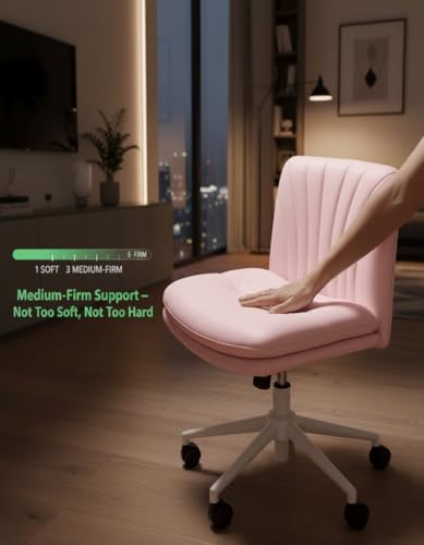 Marsail Armless-Office Desk Chair with Wheels: PU Leather Cross Legged Wide Chair,Comfortable Adjustable Swivel Computer Task Chairs for Home,Office,Make Up,Small Space,Bed Room, Pink - color: Pink
